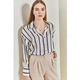 Bianco Lucci Women's Striped Satin Shirt with Cuff Sleeves