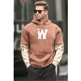 Madmext Brown Embroidered Hooded Sweatshirt 6141