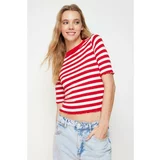 Trendyol Red Baby Overlock Detail Striped Fitted Stretch Knitted Blouse