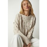 Happiness İstanbul Women's Beige Torn Detailed Knitwear Sweater Cene