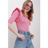 Trend Alaçatı Stili Women's Pink V-Neck Frilly Knitwear Blouse Cene