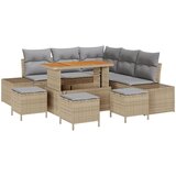 vidaXL 9-dijelni set vrtnih sofa s jastučićima bež poli ratan akacija, 2-sjedna vrtna sofa s jastučićima bež poli ratan, 4-dijelni set vrtne blagovaonice s jastučićima bež poli ratan akacija | shoptok.hr