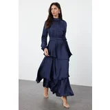 Trendyol Navy Blue Skirt Layered Satin Woven Evening Dress/Night Dress