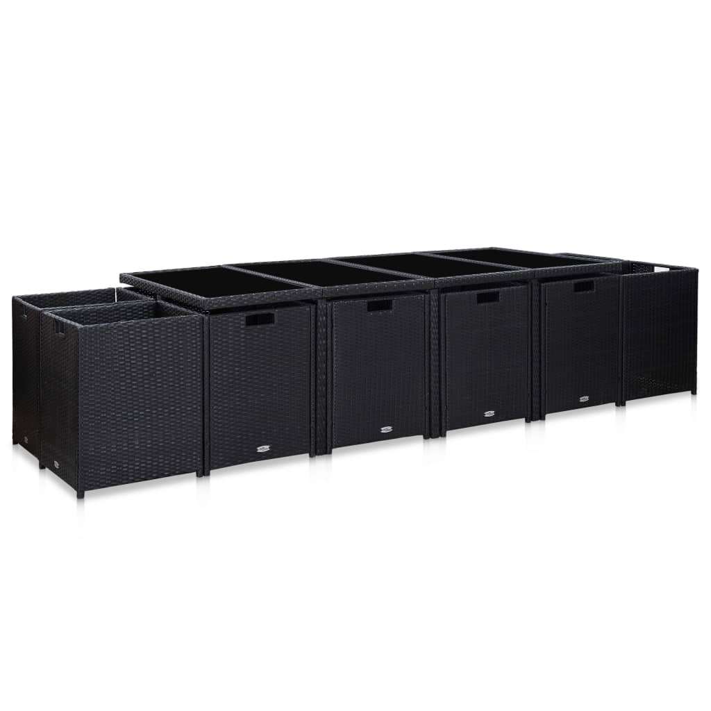  Vrtna garnitura - 13-dijelni vrtni blagovaonski set od poliratana s jastucima crni - Crna Dužina stola 225 cm 12x fotelja + stol | shoptok.hr