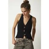 Happiness İstanbul Women's Black Halterneck Buttons Knitwear Vest