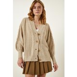  Women's Cream Knitted Balloon Sleeve Loose Knitwear Cardigan | Shoptok.si