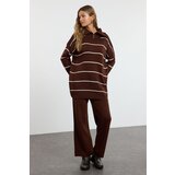 Trendyol Brown Comfortable Striped Knitwear Bottom-Top Set