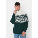 Trendyol Emerald Green Men's Slim Fit Turtleneck Jacquard Paneled Knitwear Sweater Cene