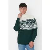 Trendyol Emerald Green Men's Slim Fit Turtleneck Jacquard Paneled Knitwear Sweater