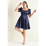 Lafaba Women's Navy Blue Balloon Sleeve Flared Cut Mini Large Size Satin Evening Dress Cene