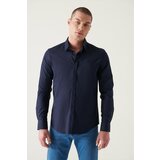 Avva Men's Navy Blue 100% Cotton Classic Collar Slim Fit Slim Fit Satin Shirt Cene