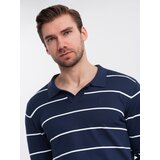 Ombre Men's horizontal striped polo longsleeve with viscose - navy blue and white | ePonuda.com