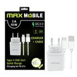 Max Mobile kućni punjač SET 2U1 QC 3.0 QUICK CHARGE USB + TYPE C, 3A,18W bijeli Cijene