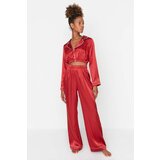 Trendyol Cherry Waist Detailed Crop Shirt Collar Satin Pajamas Set Cene