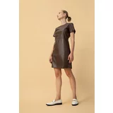 DEFACTO A Cut Crew Neck Faux Leather Mini Short Sleeve Knitted Dress