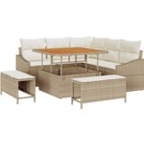 vidaXL 8-delni vrtni sofa set z blazinami bež poli ratan akacija, 2-sedežna vrtna sofa z blazinami bež poli ratan, 3-delni vrtni jedilni set z blazinami bež poli ratan akacija | Shoptok.si