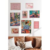 Wallxpert set od 8 manjih uramljenih slika Çgs-077, šareni enterijeri, žena u cvetnoj bašti, fotoaparat i mašne u roze tonovima, ram u boji prirodnog drveta Cene