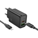 polnilec N61 GaN PD 20W USB-A, Type C s kablom Type C na Lightning - črn