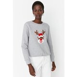 Trendyol Gray Melange Embroidered Basic Thick Fleece Knitted Sweatshirt | shoptok.hr