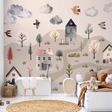  Foto tapeta - Scandinavian Valley - Village in Pastel Colours Painted in Watercolours 500x350 Standard | shoptok.hr