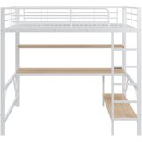 Lumor Postelja na dvignjenem nivoju 140x200 cm - Z zaščito proti padcu - Z stopnicami - Z USB in priključki, z LED svetlobo, Bela, (22155715) | Shoptok.si