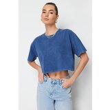 Trendyol Indigo 100% Cotton Faded Effect Back Printed Crop Crew Neck Knitted T-Shirt Cene