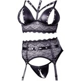 Cottelli Bondage - Komplet perila s čipko in sijajem ter okovi za roke (črn) - XL | Shoptok.si