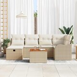 vidaXL Set 7-delne vrtne kavne garniture z vzglavniki Bež Poli ratan, 2-sedežna vrtna kavna garnitura z vzglavniki Bež Poli ratan | Shoptok.si