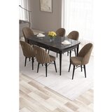 Hanah home Roz - Black Marble, Brown Black MarbleBrown Extendable Dining Table & Chairs Set (7 Pieces) | ePonuda.com