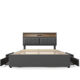 Lumor Oblazinjena postelja za odrasle z 4 predali in USB-polnilnikom – 140x200 cm – laneno blago – siva, (22151140) | Shoptok.si