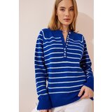  Women's Blue Ecru Buttoned Collar Knitwear Sweater Cene