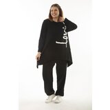 Şans Women's Plus Size Black Cup And Print Detailed Sweatshirt Trousers Double Tracksuit Suit cene