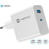 Natec RIBERA GaN polnilec, 45W, 1x USB-A, 1x USB-C, PD 3.0, QC 3.0, protokol PPS, univerzalna kompatibilnost, tehnologija GaN, varnostne zaščite, bel, (21227793) Cene