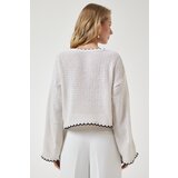  Women's Cream Pearls Openwork Seasonal Crop Knitwear Sweater | Shoptok.si