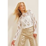 Trend Alaçatı Stili Women's White Crewneck Patterned Crop Knitwear Blouse Cene