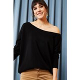 Olalook Women's Black Boat Collar Loose Knitwear Sweater Cene