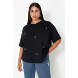 Trendyol Curve Black Heart Accessory Detailed Oversize Knitted T-shirt
