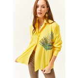 Olalook Women's Yellow Palm Sequin Detailed Oversize Woven Poplin Shirt Cene