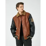 Koton College Jacket Leather Look Collar Detailed Embroidered Snap Buttons Pocket