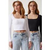  Women's Black and White Square Neck Ribbed 2 Pack Crop Knitted Blouse cene