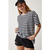 Happiness İstanbul women's black crew neck striped oversize knitted t-shirt Cene