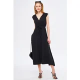 armonika Women's Black Efta Dress Back and Front Collar Double Breasted Belted Midi Length