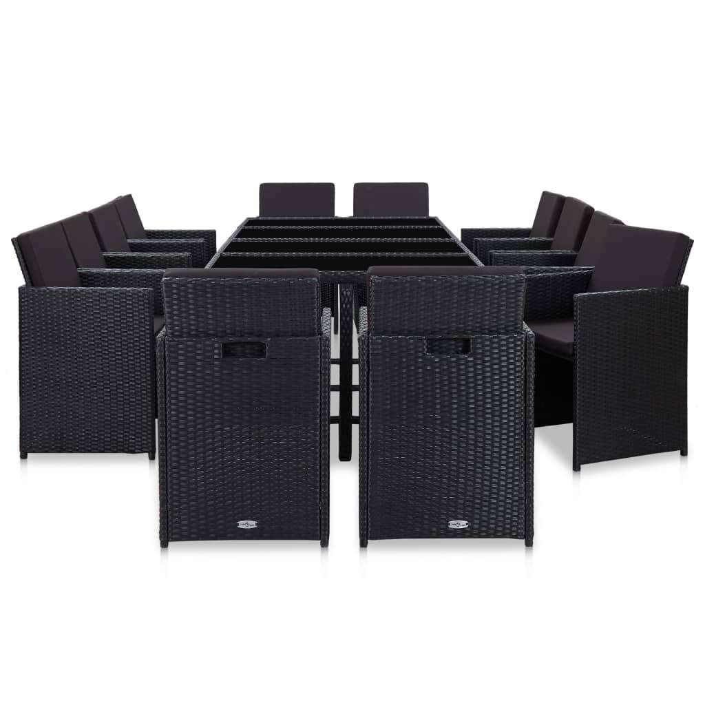  Vrtna garnitura - 13-dijelni vrtni blagovaonski set od poliratana s jastucima crni - Crna Dužina stola 225 cm 12x fotelja + stol | shoptok.hr