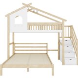 Lumor Pogradna postelja 140x200cm + 90x200cm s 4 predali in oknom, bor in Mdf, naravni les in bela barva, (22156792) | Shoptok.si