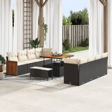 vidaXL 11-delni vrtni set sofa z blazinami, črn poli ratan, akacija | Shoptok.si
