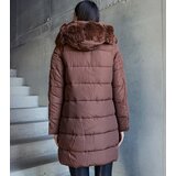 Gemre Brown long quilted jacket with detachable sleeves decorated with fur Louis | Shoptok.si