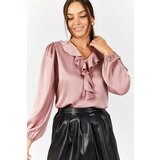 armonika Women's Powder Cotton Satin Blouse with Frilled Collar on the Shoulders and Elasticated Sleeves Cene