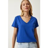 Happiness İstanbul Women's Blue V Neck Basic Knitted T-Shirt Cene