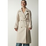  Women's Cream Double Breasted Neck Belted Oversize Cachet Coat | Shoptok.si