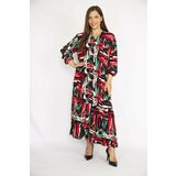 Şans Women's Colorful Plus Size Woven Viscose Fabric Front Buttoned Tiered Long Sleeve Dress Cene